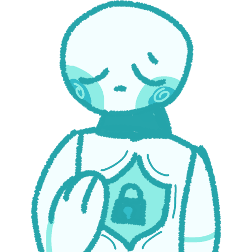 a calm white person with teal cheeks and joints holding their hand to their chest. On their chest is a teal shield with a darker teal lock inside, symbolizing safety